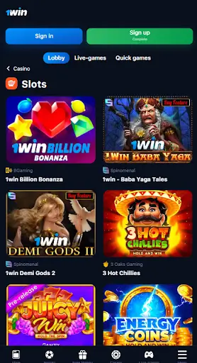 1win games categories in the app