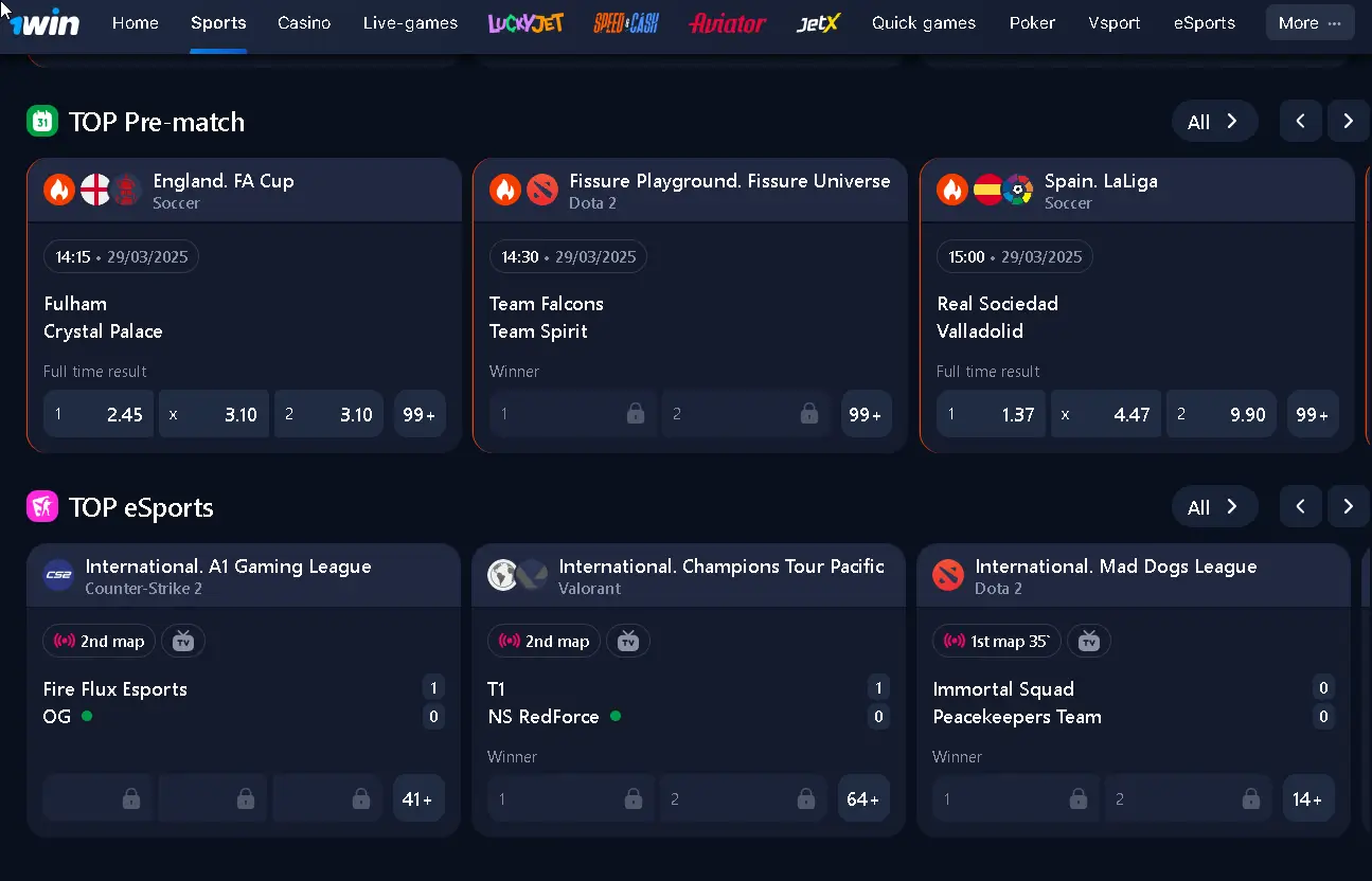 1win official site betting options
